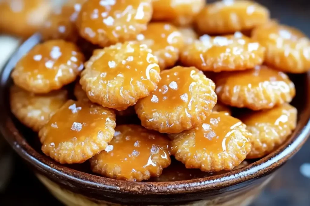 Close-up of Salted Caramel Cracker Bites stacked on a parchment-lined tray, topped with melted chocolate and sea salt flakes.