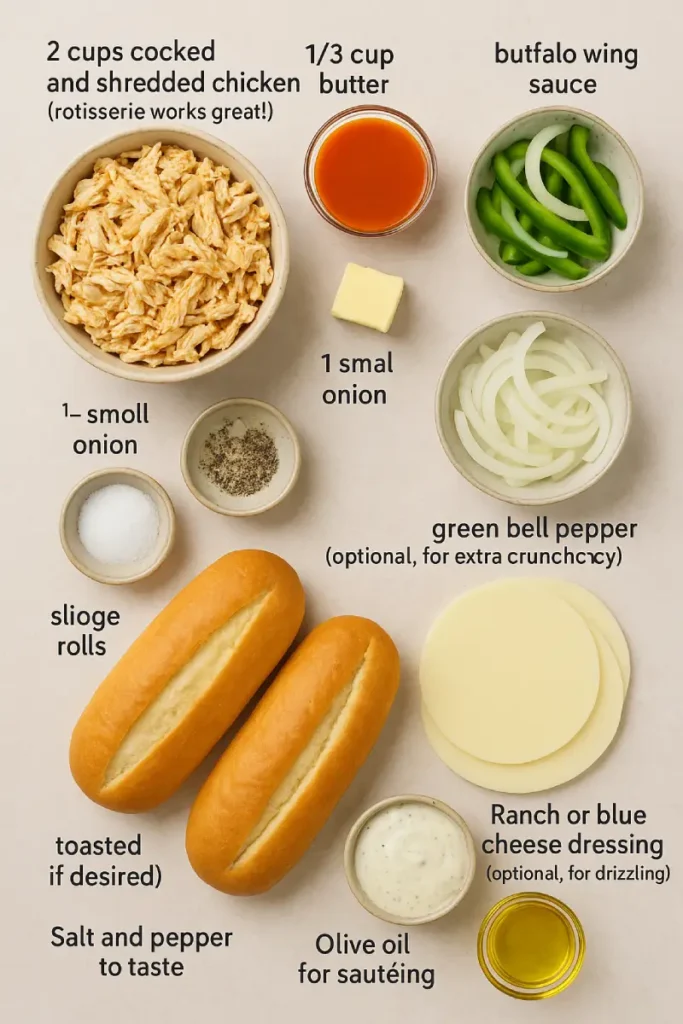 Buffalo Chicken Cheesesteak Recipe 3 Fresh ingredients laid out for making buffalo chicken cheesesteak: shredded chicken, hoagie rolls, provolone, onions, and buffalo sauce.