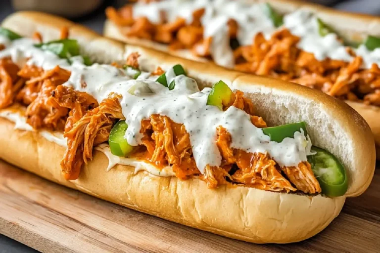 Buffalo Chicken Cheesesteak Recipe 4 Close-up of a buffalo chicken cheesesteak sandwich with melted provolone, shredded chicken, sautéed onions, and toasted hoagie roll.