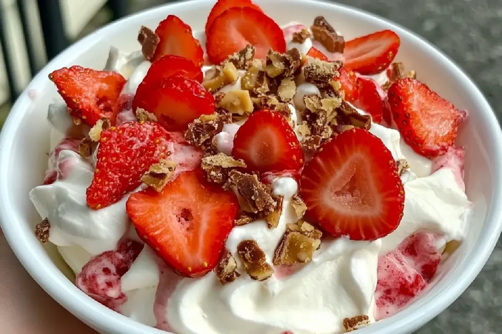 No-Bake Strawberry Dessert Salad with Cream Cheese and Toffee Bits