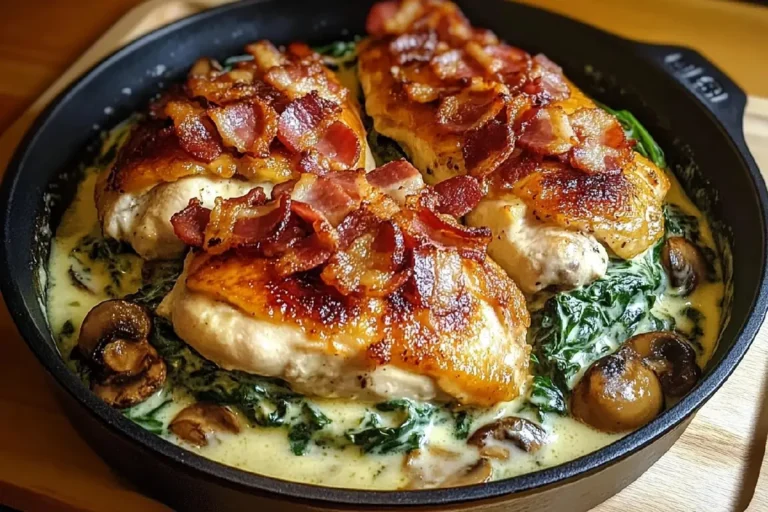 Smothered Chicken with Creamed Spinach, Bacon, and Mushrooms 2 Smothered Chicken in Creamy Garlic Sauce with Bacon, Spinach, and Mushrooms