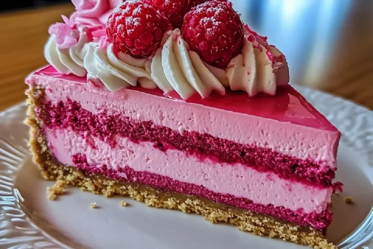 Luxurious Pink Velvet Raspberry Cheesecake 2 Slice of Luxurious Pink Velvet Raspberry Cheesecake on a plate with fresh raspberries and whipped cream