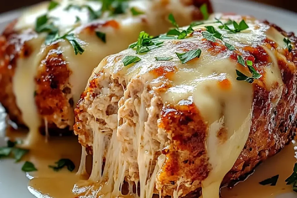 Melt-in-Your-Mouth Garlic Parmesan Chicken Meatloaf on a serving plate, sliced and topped with fresh parsley.