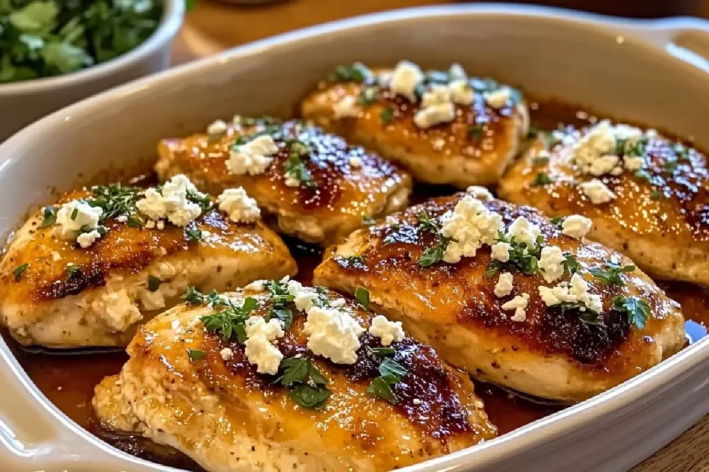 Hot Honey Feta Chicken served with whipped feta and drizzled with spicy honey