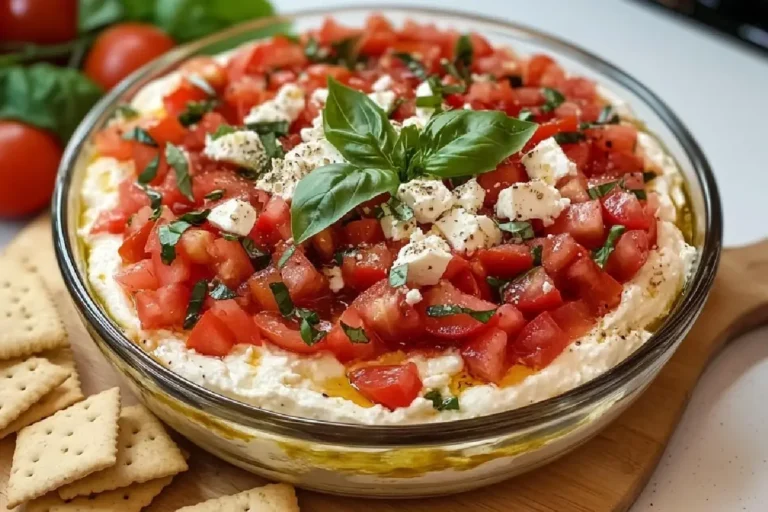 Bruschetta Dip Recipe 2 Creamy Bruschetta Dip layered with fresh tomatoes, basil, and balsamic served with crostini