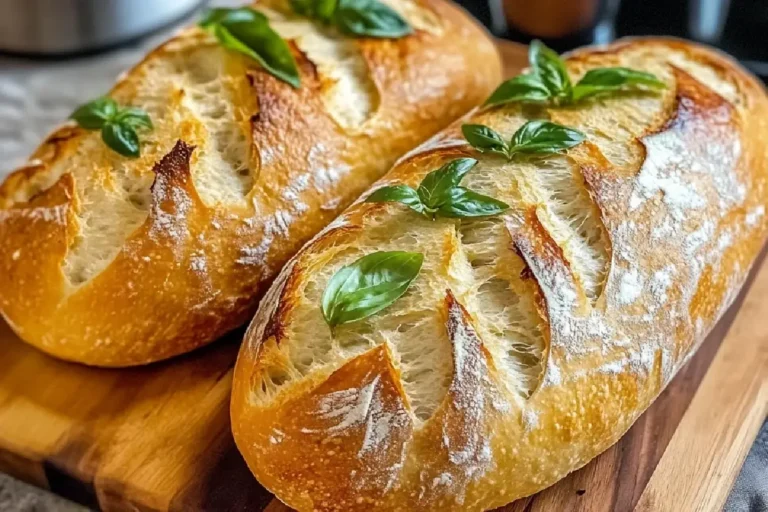 Crusty Italian Bread Recipe 2 Homemade crusty Italian bread on parchment paper, golden and freshly baked