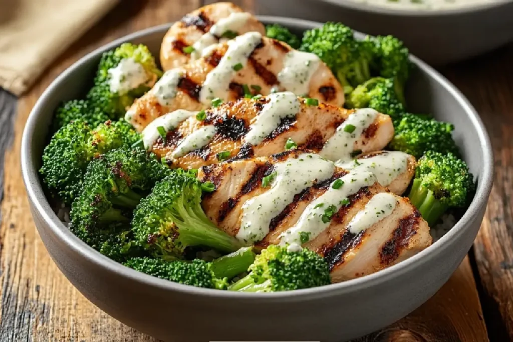 Healthy Chicken and Broccoli Rice Bowl with Garlic Yogurt Sauce