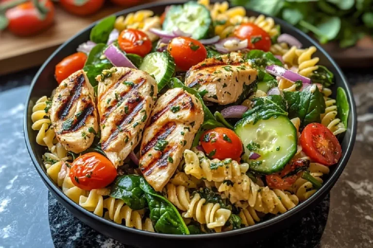 Mediterranean Chicken Pasta Salad 2 Colorful Mediterranean Chicken Pasta Salad with Feta, Olives, and Fresh Veggies