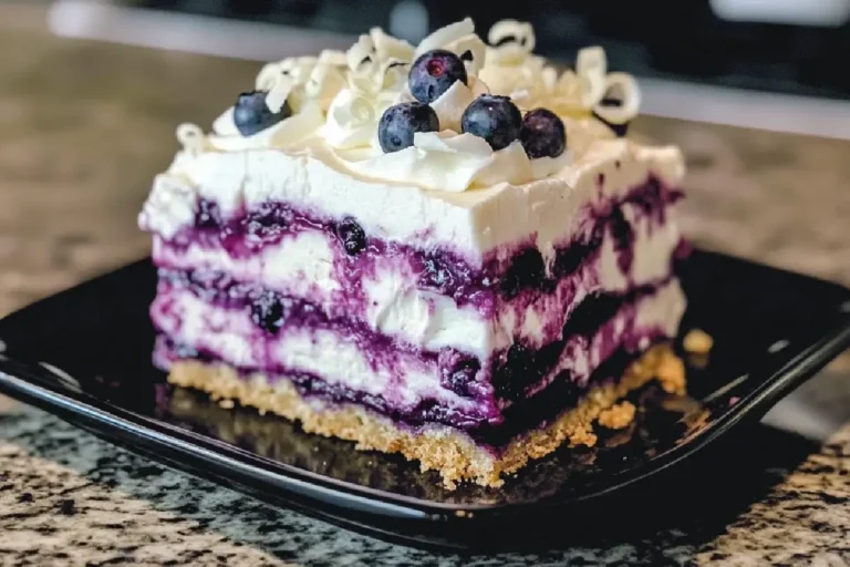 Blueberry Cream Cheesecake Lasagna 2 No-Bake Blueberry Cream Cheesecake Lasagna with Whipped Topping and Graham Cracker Crust