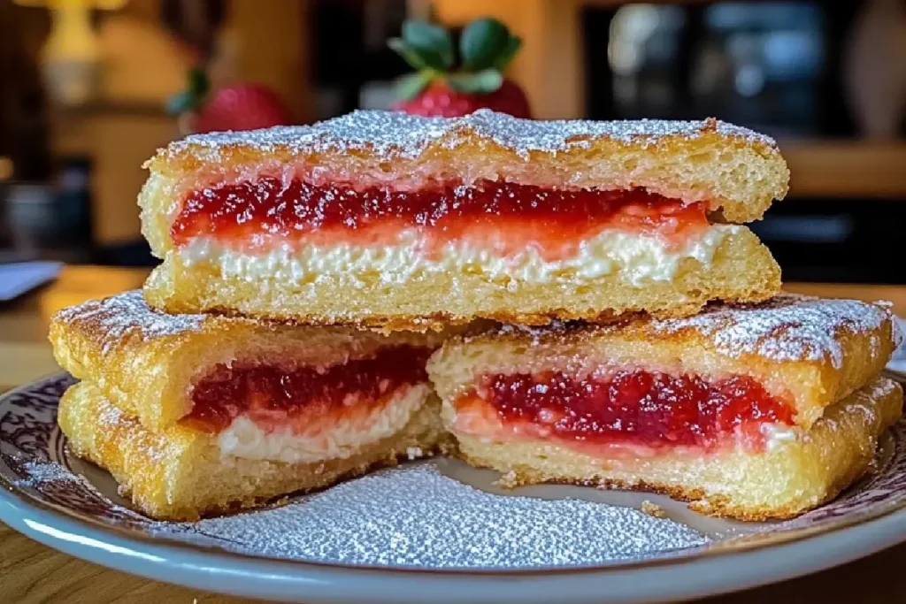 Golden fried strawberry cheesecake sandwiches with cream cheese filling and fresh strawberries