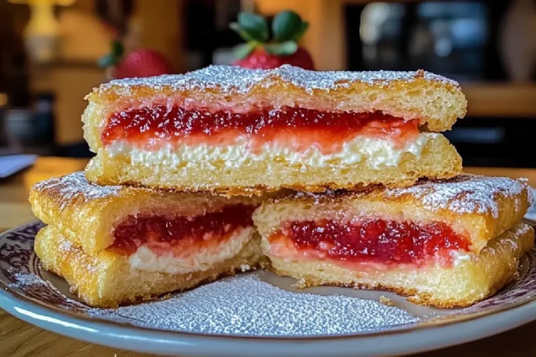 Fried Strawberry Cheesecake Sandwiches 2 Golden fried strawberry cheesecake sandwiches with cream cheese filling and fresh strawberries