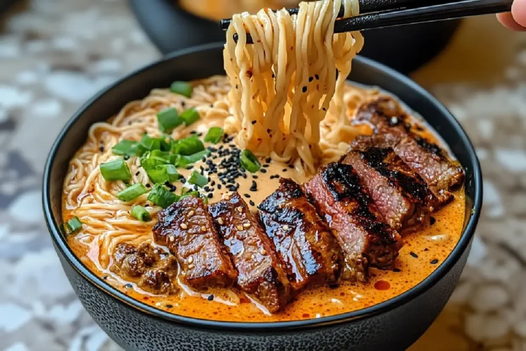 Creamy Spicy Korean Ramen Bowl with Charred Beef Strips