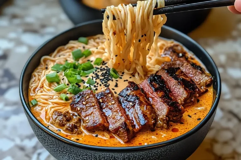 Spicy Korean Ramen with Grilled Beef and Creamy Sauce 2 Creamy Spicy Korean Ramen Bowl with Charred Beef Strips