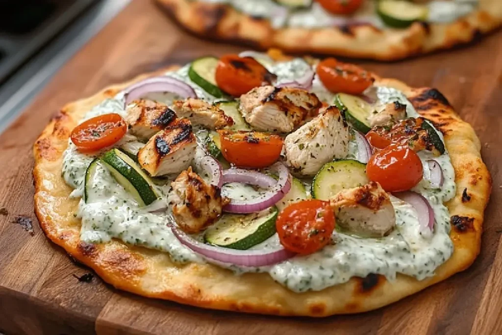 Mediterranean Chicken Naan Pizzas with Creamy Tzatziki