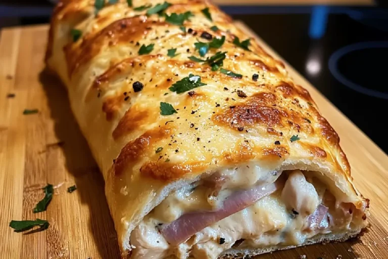 Chicken Cordon Bleu Stromboli Recipe 2 Golden-baked Chicken Cordon Bleu Stromboli filled with ham, cheese, and tender chicken