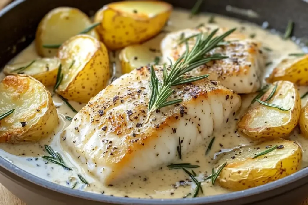 One-Pan Cod & Potatoes in a Velvety Rosemary Cream Sauce