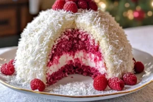 Dreamy Coconut Cake with Raspberry Swirl and Snowy Coconut Flakes