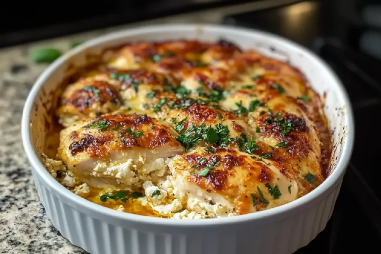 Baked Ricotta Chicken 2 Baked Ricotta Chicken topped with creamy cheese and herbs in a white baking dish