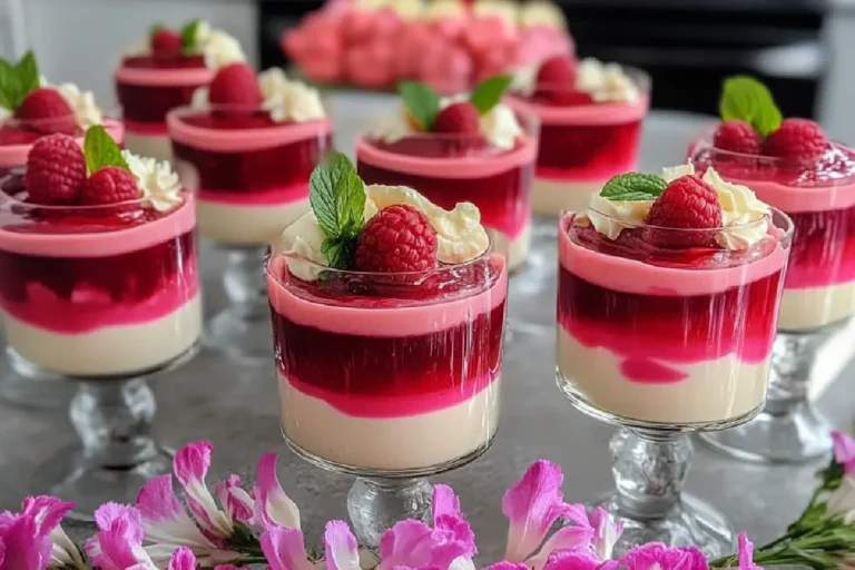 Sweet and Tart Rhubarb Cheesecake Creams 2 Layered rhubarb cheesecake creams in glass cups with pink topping and fresh berries, styled with flowers for a spring dessert look.