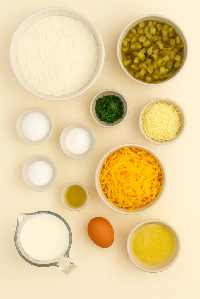 Dill Pickle Bread Recipe 4 Dill Pickle Bread Ingredients Flat Lay – Fresh Dill, Pickles, and More