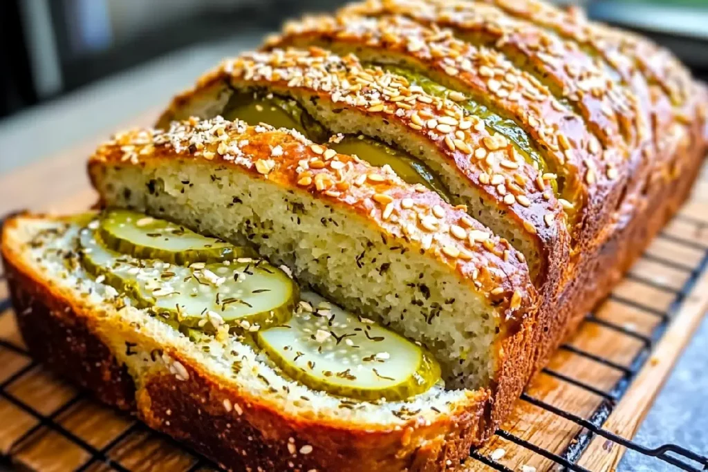 Freshly Baked Dill Pickle Bread Sliced on a Wooden Board