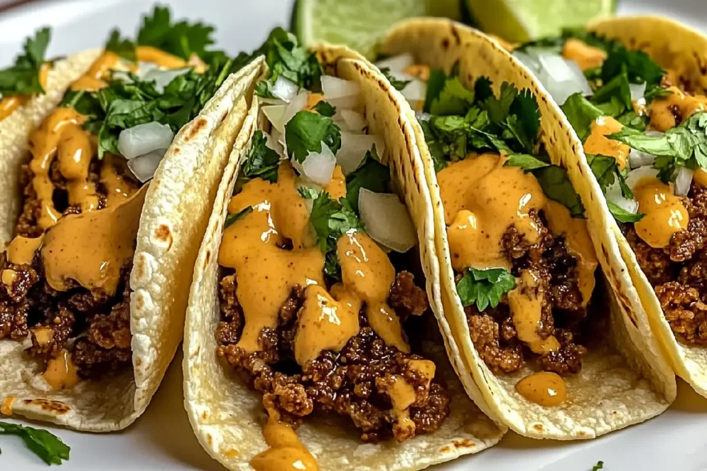 Garlic Butter Honey BBQ Beef Tacos served with toppings on warm tortillas