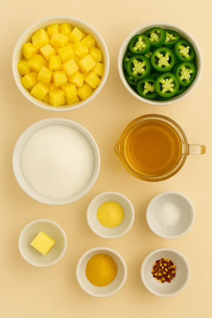 Pineapple Cowboy Candy Recipe 3 Ingredients laid out for making homemade Pineapple Cowboy Candy with jalapeños and pineapple
