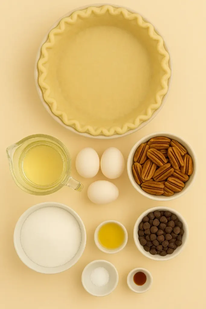 Texas Chocolate Pecan Pie 3 Flat lay of ingredients for Texas Chocolate Pecan Pie including pecans, chocolate chips, eggs, corn syrup, and pie crust