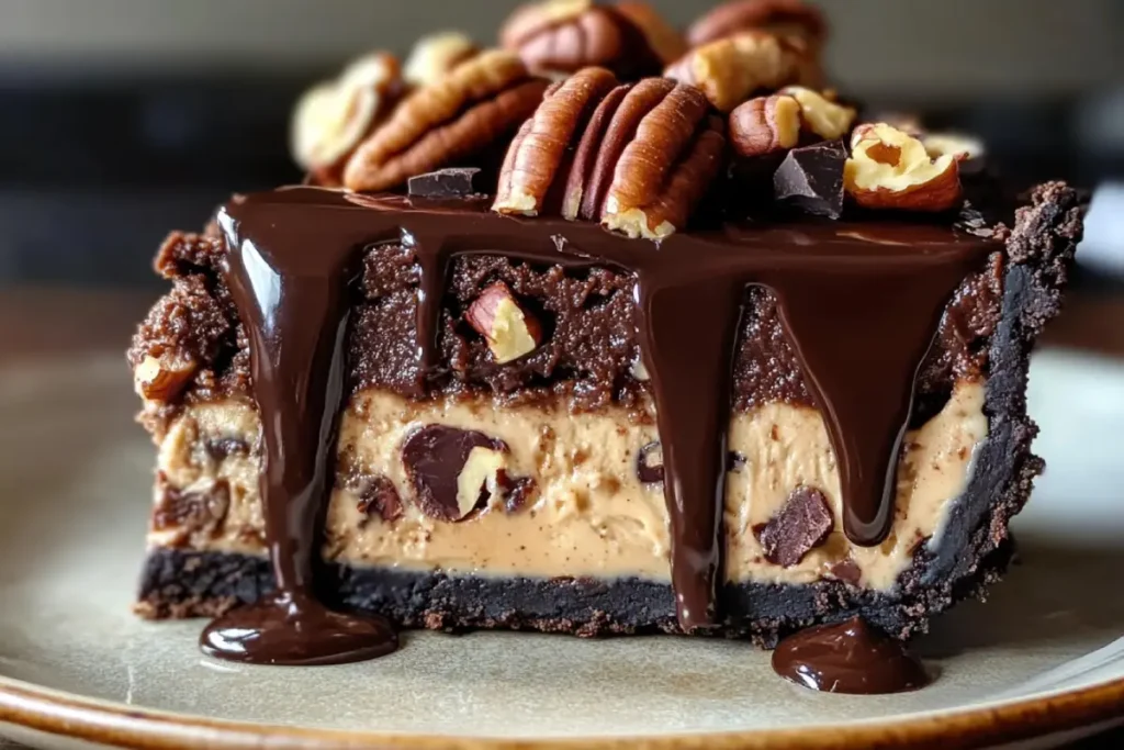 Whole Texas Chocolate Pecan Pie with a golden crust, gooey chocolate filling, and pecan topping on a rustic pie plate