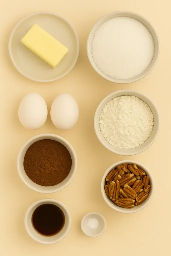 Hot Fudge Pie Recipe 3 Flat lay of Hot Fudge Pie ingredients including butter, sugar, cocoa powder, eggs, flour, and vanilla on a rustic kitchen counter.