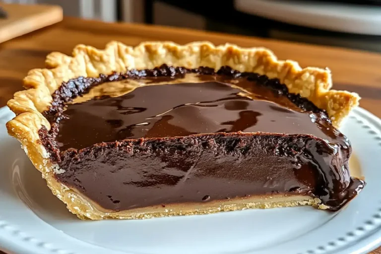 Hot Fudge Pie Recipe 4 Close-up of a freshly baked Hot Fudge Pie with a crackly top and gooey chocolate center, served in a pie dish with a slice missing.