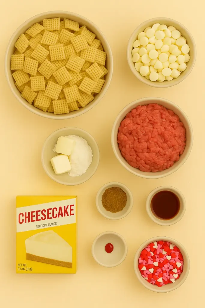 Cherry Cheesecake Puppy Chow 3 Cherry Cheesecake Puppy Chow in a bowl with pink sprinkles