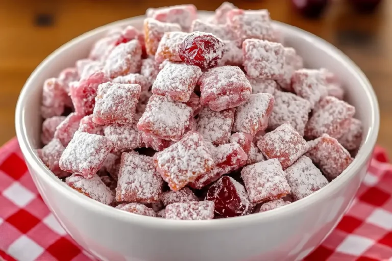 Cherry Cheesecake Puppy Chow 4 Overhead view of Cherry Cheesecake Puppy Chow in a white bowl with festive sprinkles