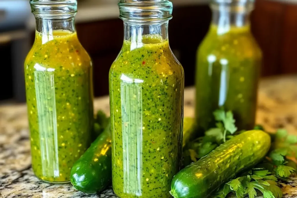 Homemade Dill Pickle Hot Sauce in a glass jar with fresh peppers and pickles