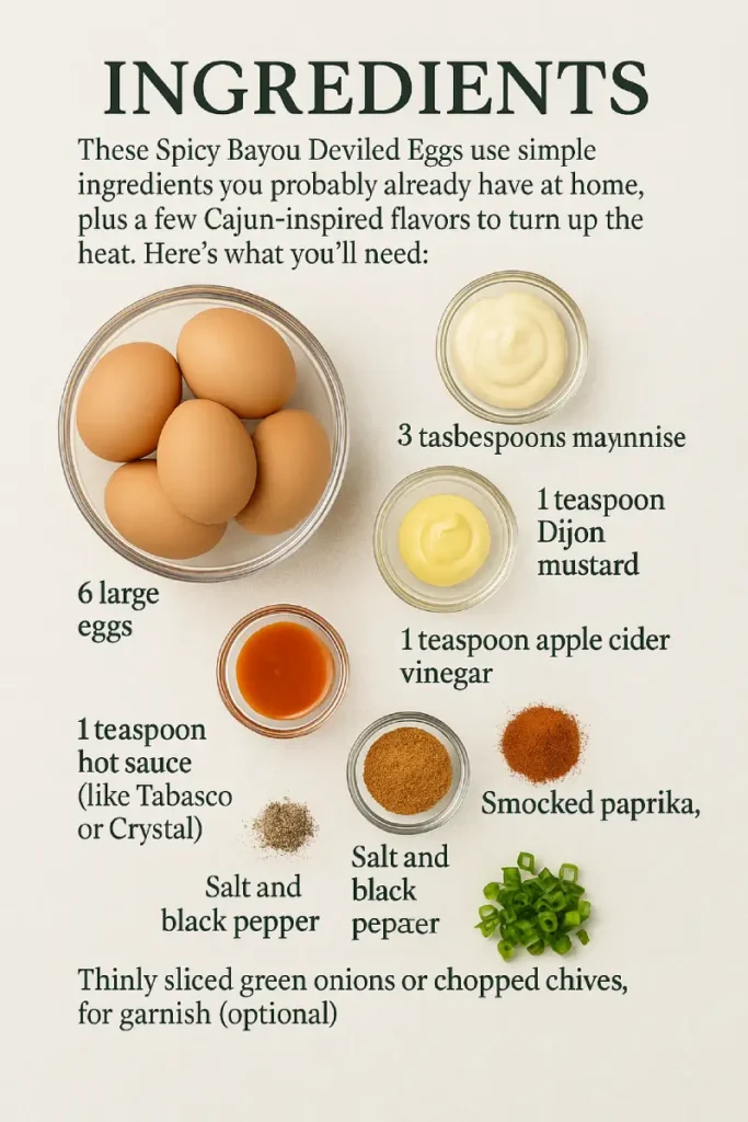 Spicy Bayou Deviled Eggs 3 Ingredients for Spicy Bayou Deviled Eggs – Eggs, mayo, mustard, hot sauce, Cajun seasoning, and paprika