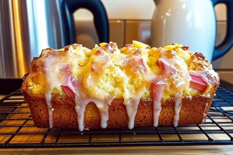 Moist Lemon Rhubarb Loaf 2 Homemade lemon rhubarb loaf topped with simple lemon glaze on a cooling rack