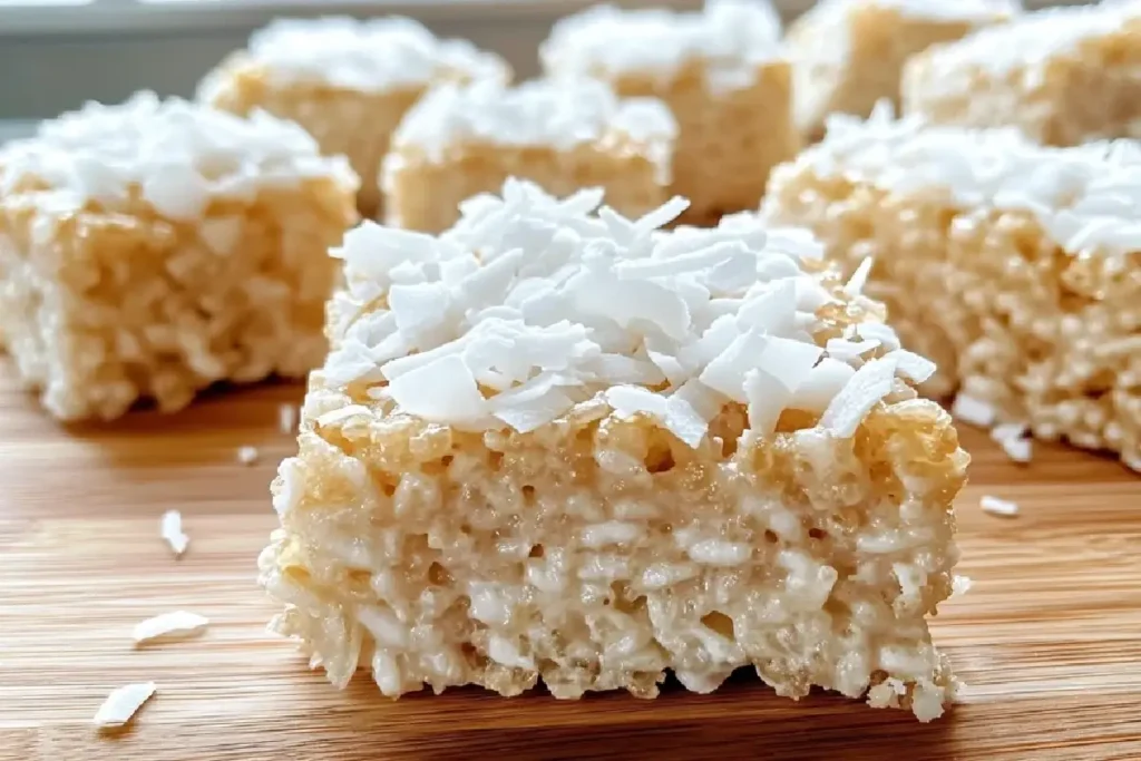 Chewy Coconut Rice Krispy Treats topped with toasted coconut