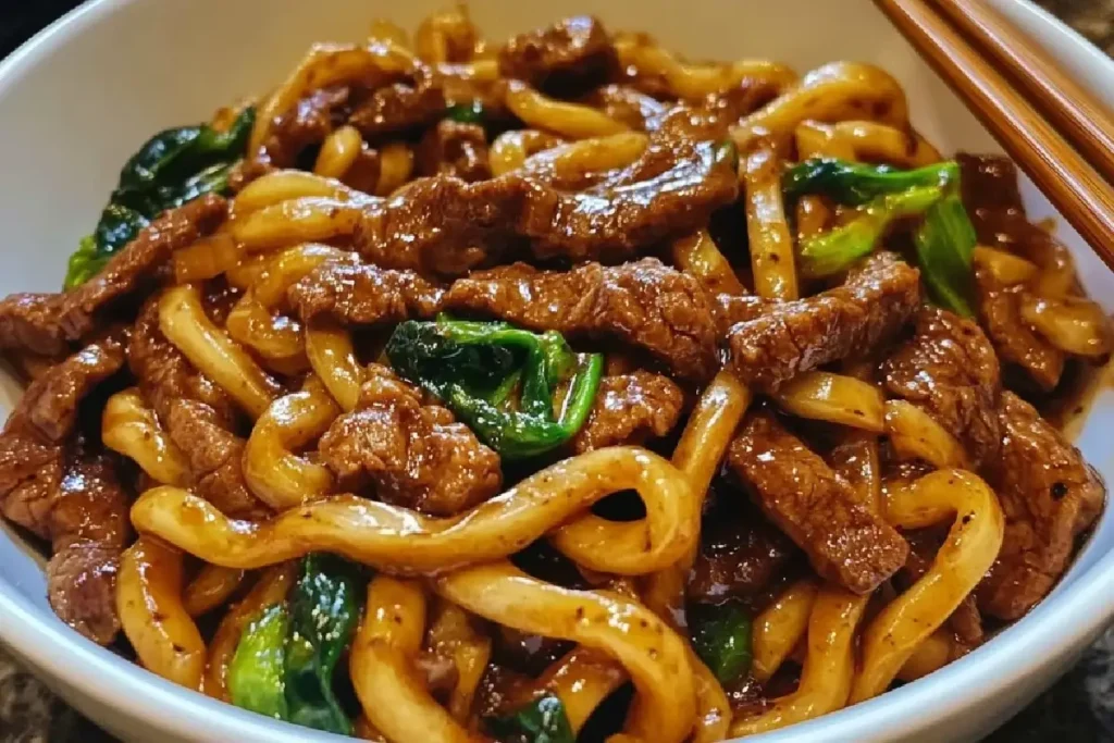 A steaming bowl of Simple Black Pepper Beef Udon with tender beef, thick noodles, and scallion garnish
