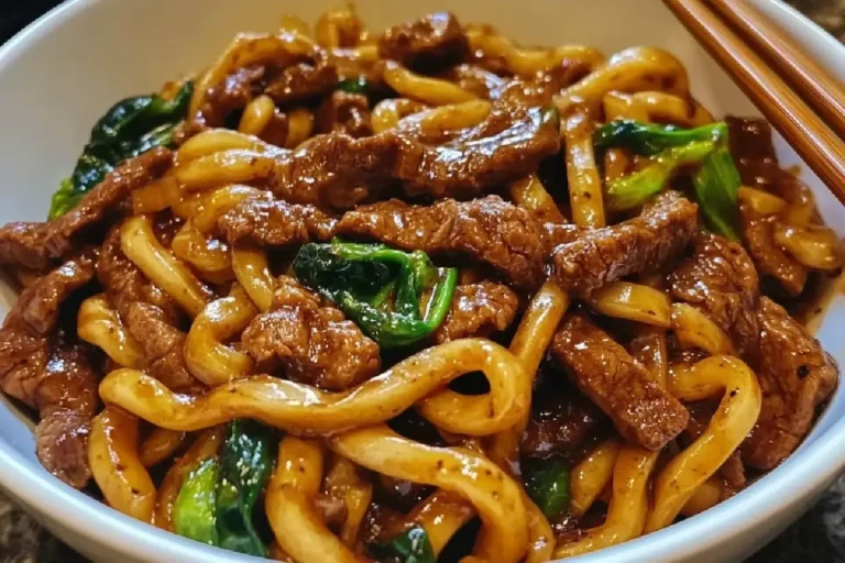 Simple Black Pepper Beef Udon 2 A steaming bowl of Simple Black Pepper Beef Udon with tender beef, thick noodles, and scallion garnish