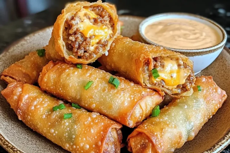 Cheeseburger Eggrolls Recipe 2 Golden fried cheeseburger eggrolls filled with beef, cheese, and pickles on a plate with dipping sauce