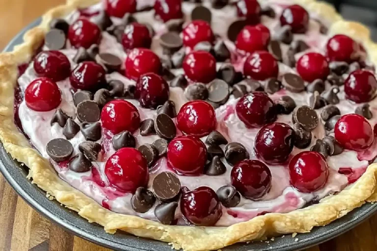 Cherry Chocolate Chip Pie 2 Homemade cherry chocolate chip pie with a golden crust and gooey filling