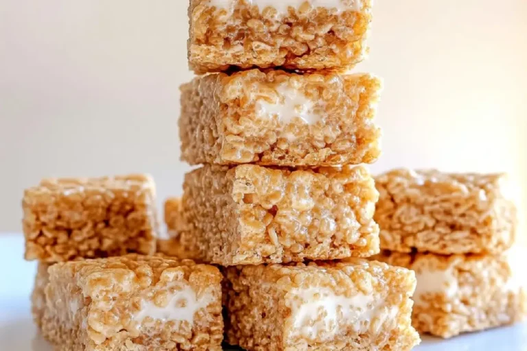 Biscoff Rice Krispie Treats 2 A close-up of gooey Biscoff Rice Krispie Treats stacked on a plate, topped with a drizzle of cookie butter and crushed Biscoff cookies.