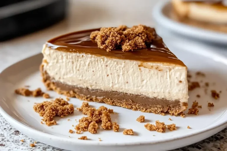 No Bake Biscoff Cheesecake 2 Close-up of creamy no bake Biscoff cheesecake topped with cookie butter drizzle and crushed Biscoff cookies