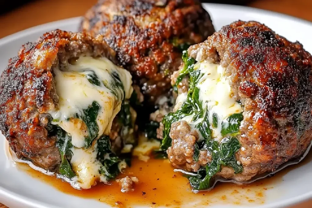 Mozzarella-Stuffed Meatballs with Garlic & Spinach – Easy, Juicy, Delicious!