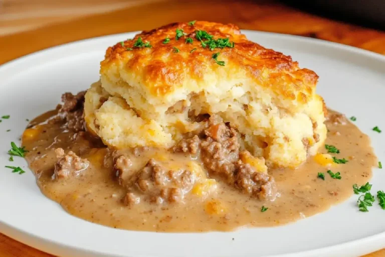 Cheddar Bay Ground Beef Cobbler 2 A baked Cheddar Bay biscuit-topped ground beef casserole in a white dish