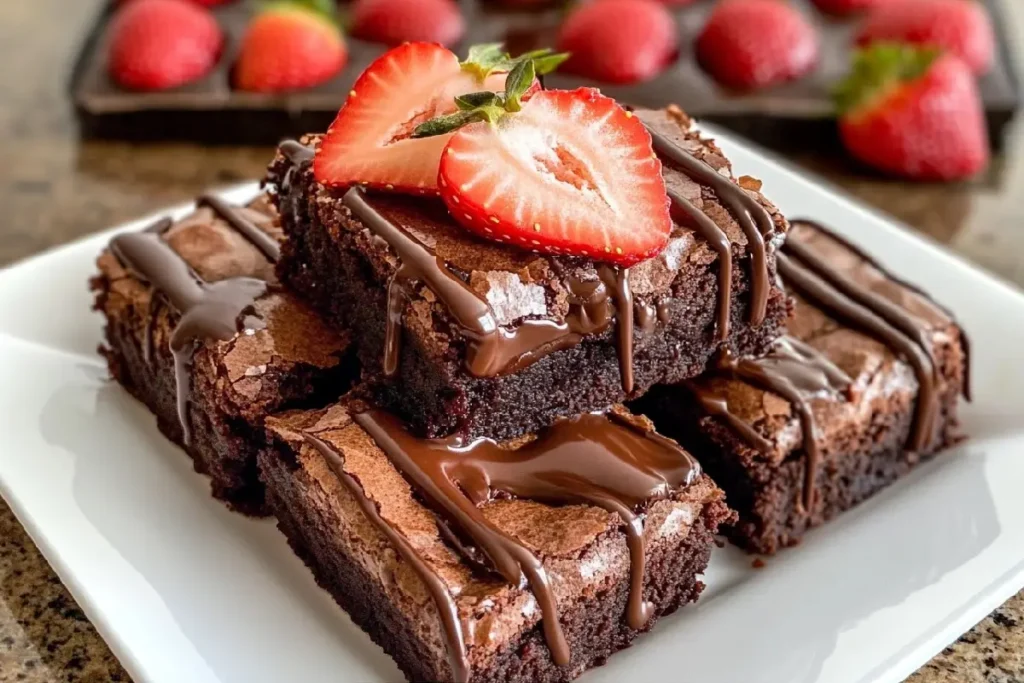 Fudgy Brownies Topped with Fresh Strawberries and Chocolate Ganache