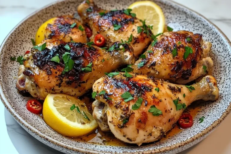 Portuguese Grilled Chicken 2 Grilled Portuguese Chicken with Charred Skin and Lemon Wedges on a Wooden Board