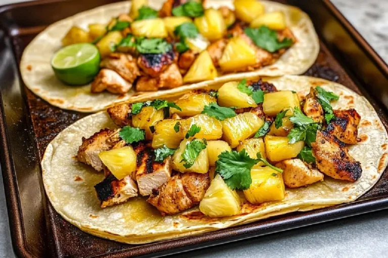 One-Pan Chicken and Pineapple Tacos 2 Juicy chicken and caramelized pineapple taco filling served in soft tortillas, garnished with cilantro and lime.