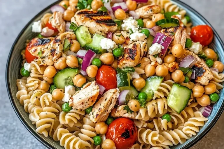 High Protein Pasta Salad 2 Healthy Pasta Salad with Chicken, Greek Yogurt Dressing, and Fresh Veggies