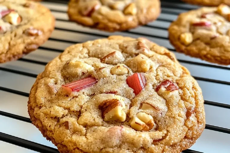 Brown Sugar Rhubarb Cookies Recipe 2 Freshly baked brown sugar cookies with chunks of rhubarb on a cooling rack